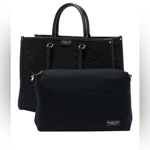 Viola Castellani Crochet Tote & Fabric Crossbody Bag Genuine Leather Black